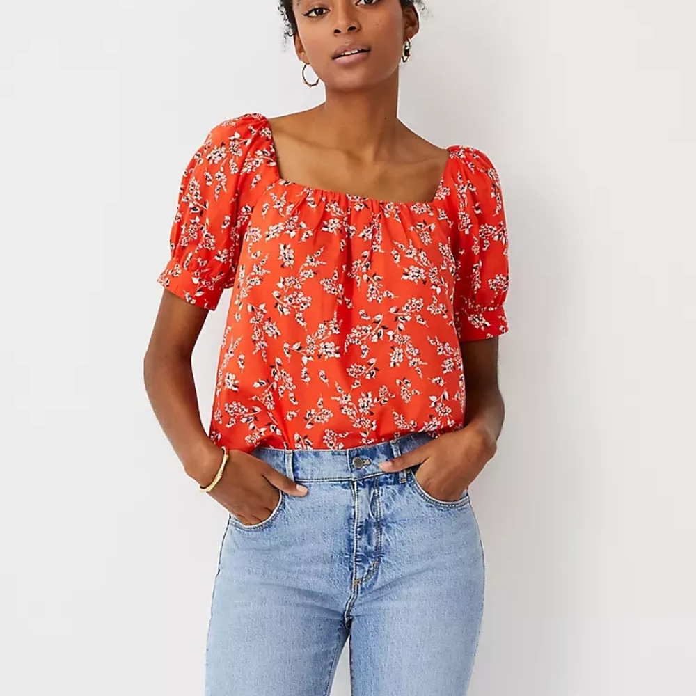 Ann Taylor Petite Floral Square Neck Puff Sleeve Top